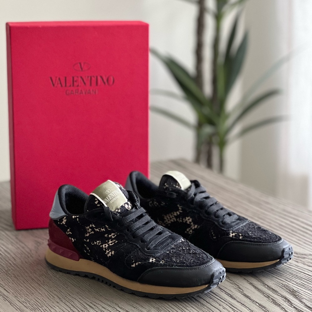 VALENTINO MAROON & LACE STUDDED SNEAKERS SHOES